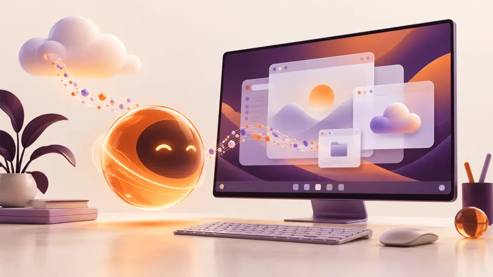 Illustrazione di un assistente luminoso accanto al computer